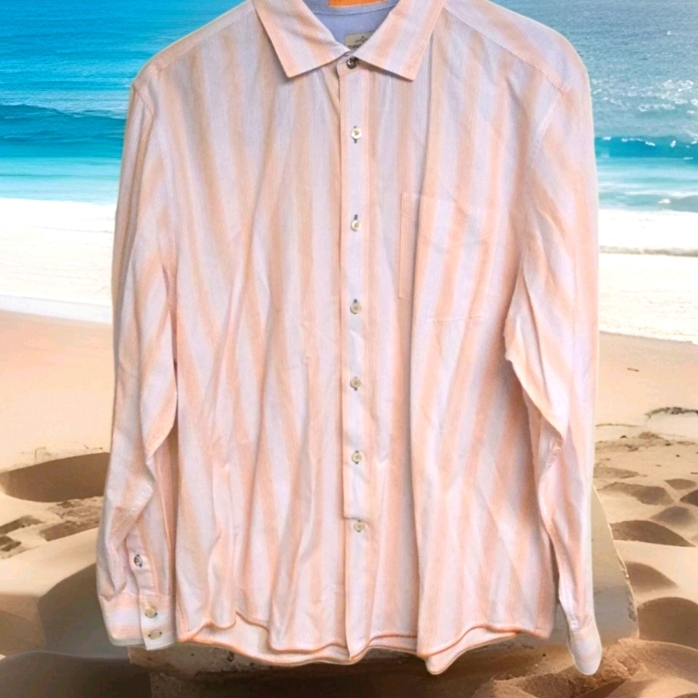 Tommy Bahama Men’s Shirt Large Long Sleeve Striped Orange Blue Button Up